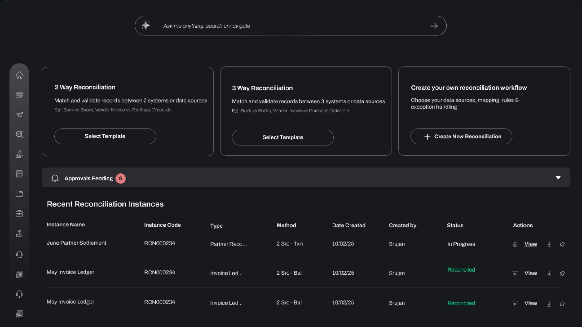 RECONFLO platform dashboard showing reconciliation instances, matching status and settlement tracking